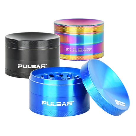 Pulsar Concave Grinders in assorted colors, 4-piece aluminum design, 2.5" diameter, front view