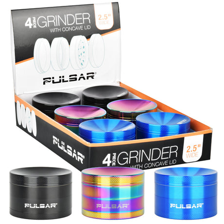 Pulsar 4-Piece Concave Grinder set in assorted colors displayed with packaging