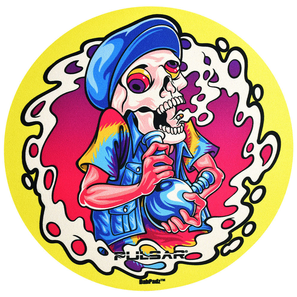 Pulsar DabPadz Dab Mat with vibrant skull design, non-slip rubber base, top view