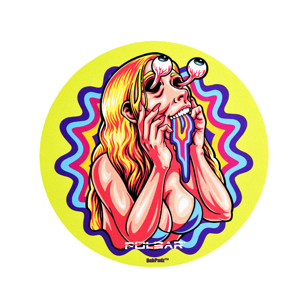 Pulsar DabPadz rubber dab mat with vibrant psychedelic design, top view on white background