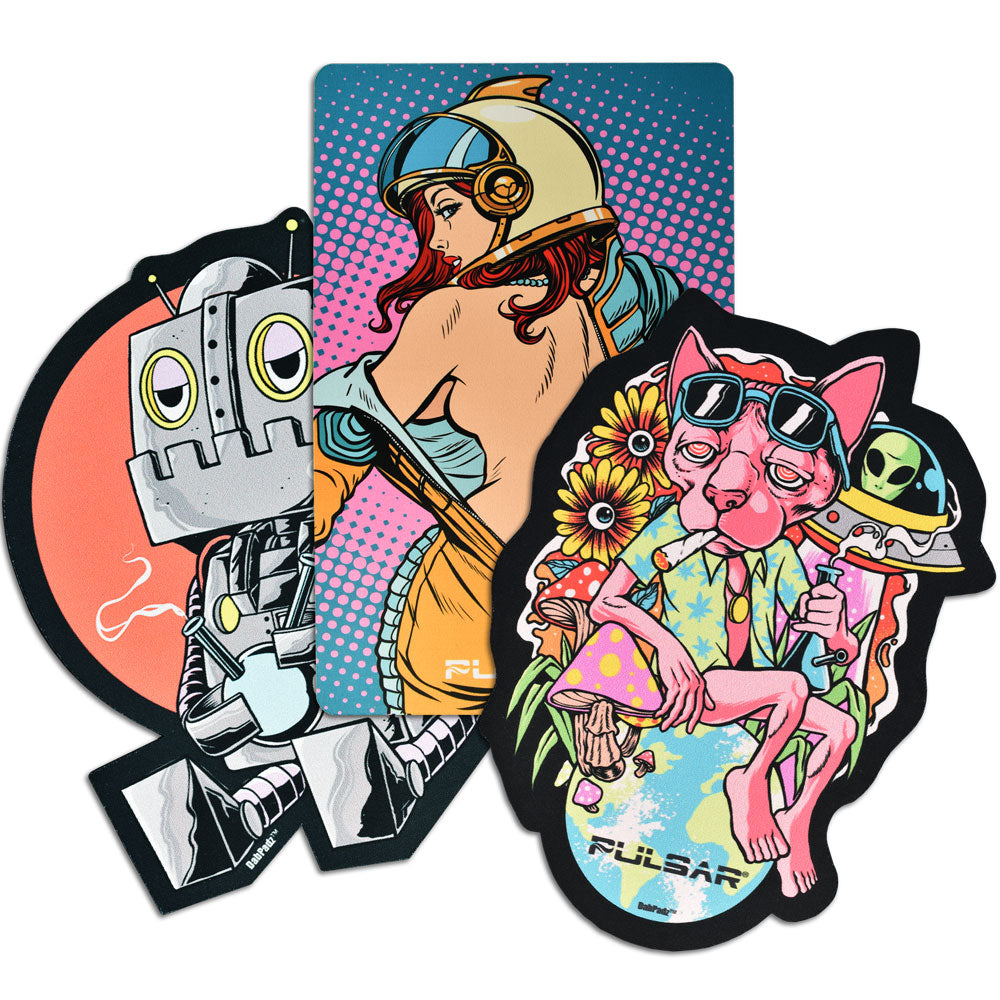 Pulsar DabPadz Dab Mats with vibrant, eclectic designs, perfect for protecting surfaces from dabs