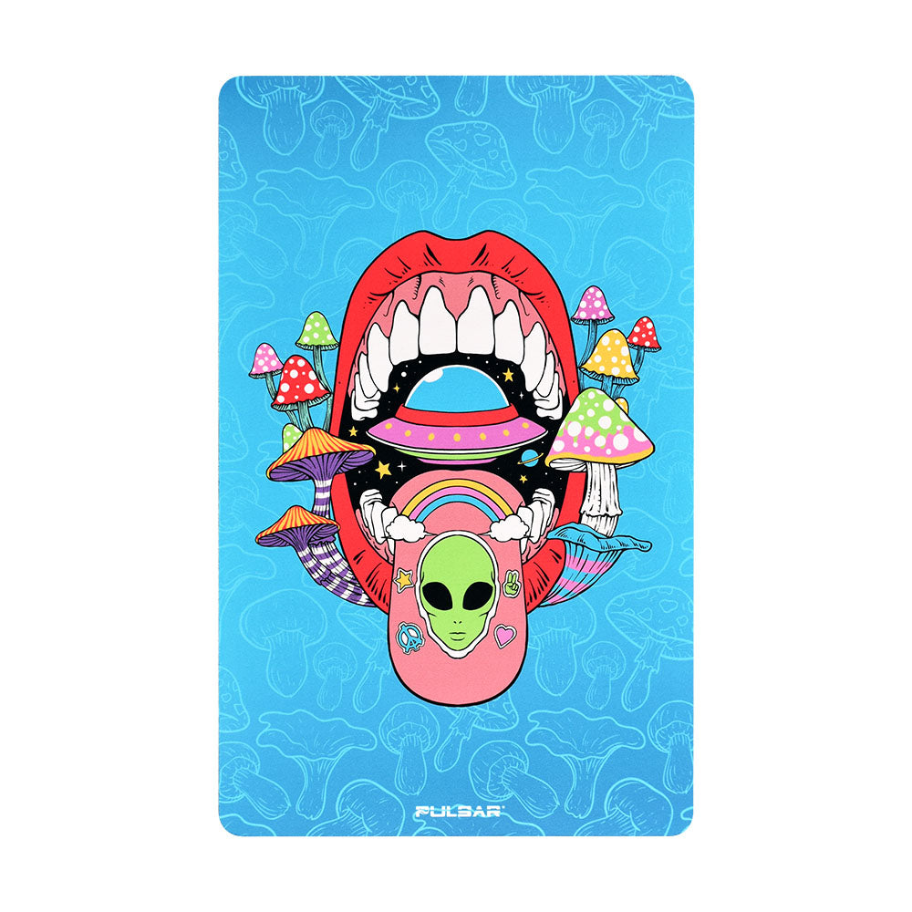 Pulsar DabPadz Fabric Top Dab Mat with vibrant alien and mushroom graphics, ideal for dab rig stability
