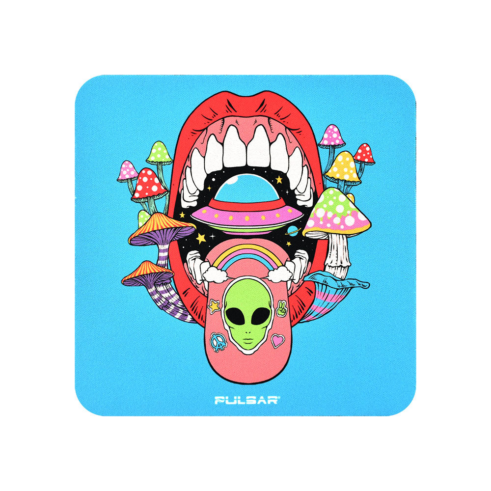 Pulsar DabPadz Fabric Top Dab Mat with vibrant psychedelic design, featuring a colorful alien and mushrooms.
