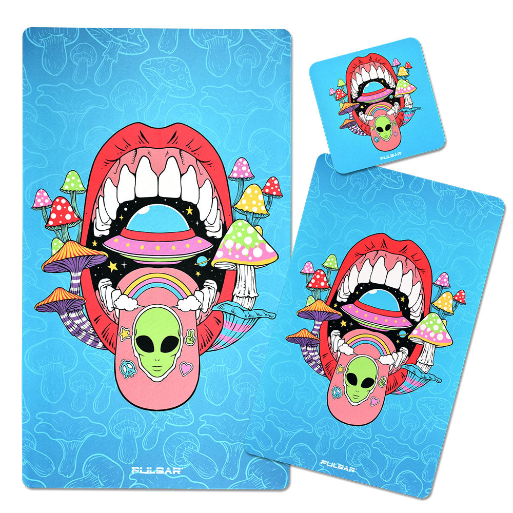 Pulsar DabPadz with psychedelic alien and mushroom design, fabric top dab mat set on white background