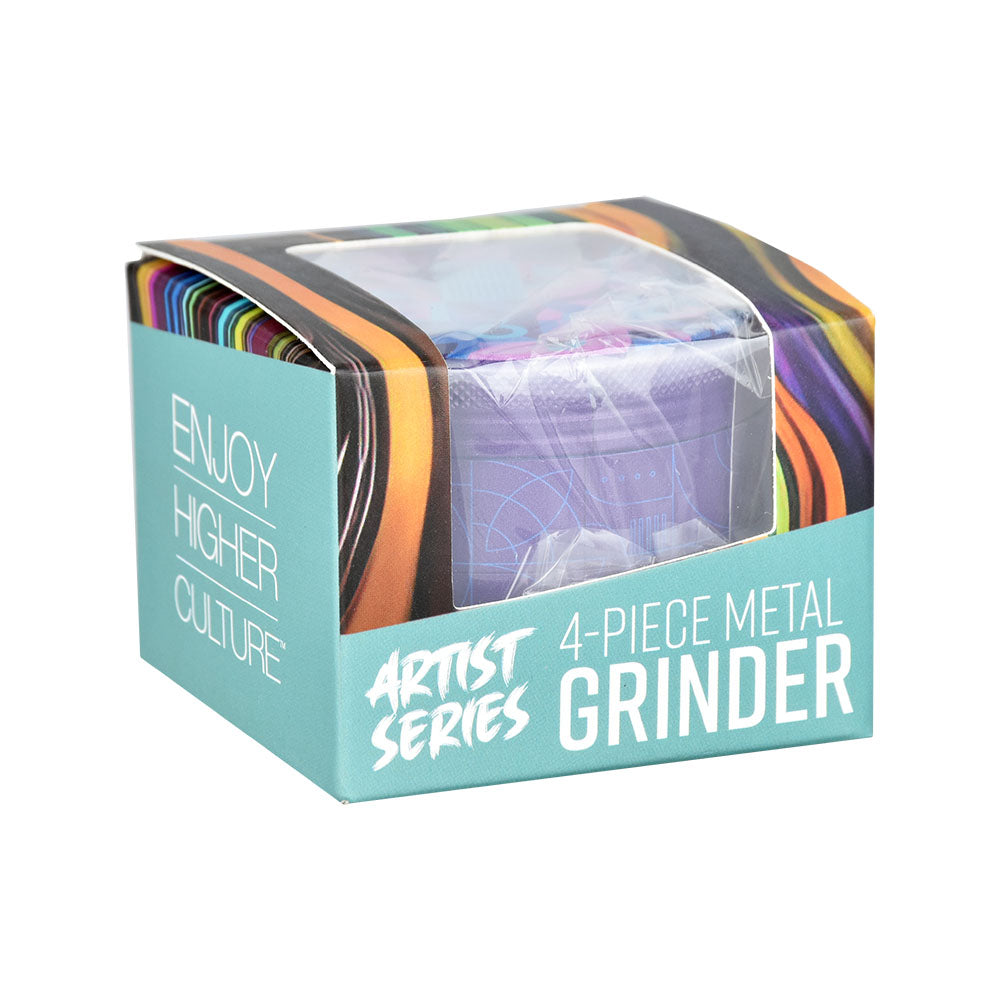 Pulsar Design Series 4pc Grinder in Candy Floss, packaged view with vibrant side art