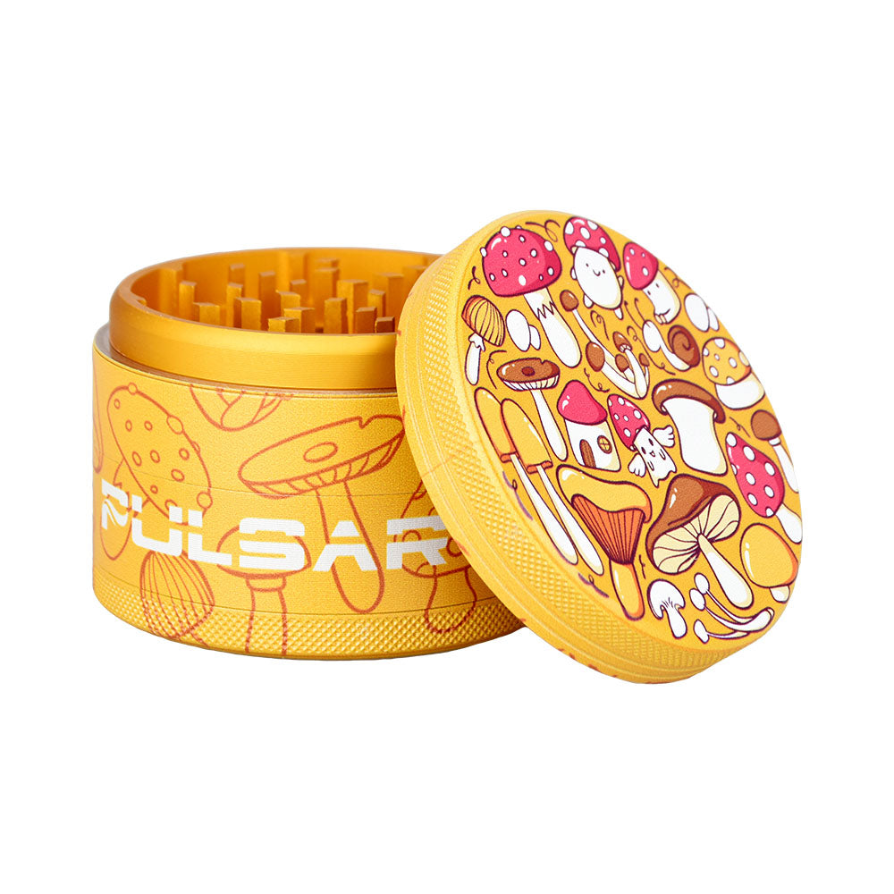 Pulsar Fungiside Design Series Grinder, 4pc, 2.5" in Yellow with Mushroom Art