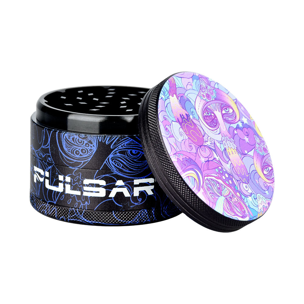Pulsar Metal Grinder with Melting Mushroom Art, 4-piece, 2.5" Size, Angled View