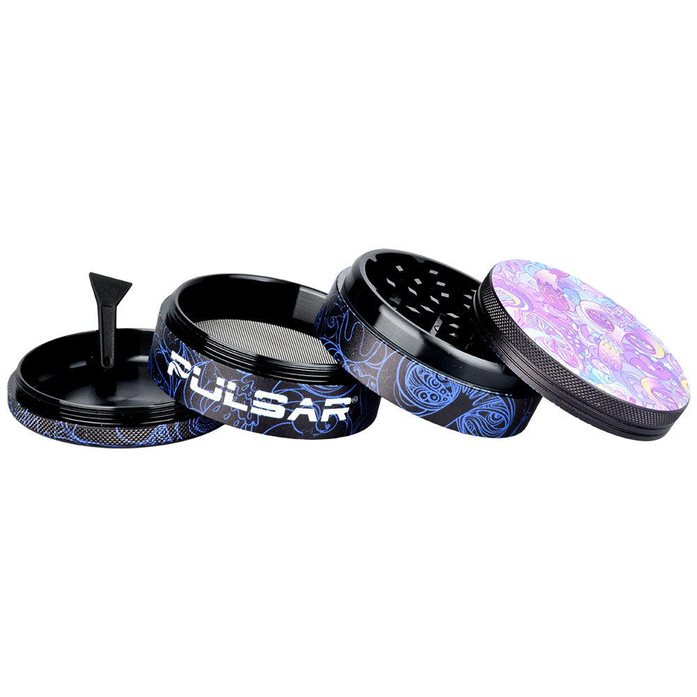 Pulsar 4pc Metal Grinder with Melting Mushroom Art, 2.5" Size, Disassembled View on White