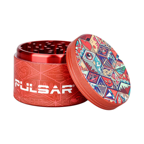 Pulsar Design Series 4pc Grinder, 2.5" with Symbolic Tiles Art, Durable Metal, Angled View