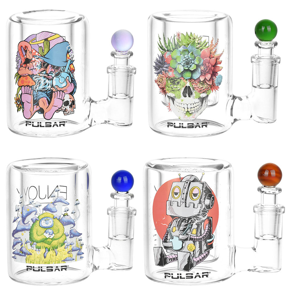 Pulsar Design Series Isopropyl Cleaning Stations with colorful artwork, front view, made of borosilicate glass and silicone