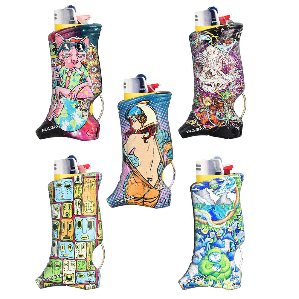 Assorted Pulsar Design Series Toker Poker Lighter Sleeves on display, featuring vibrant artwork