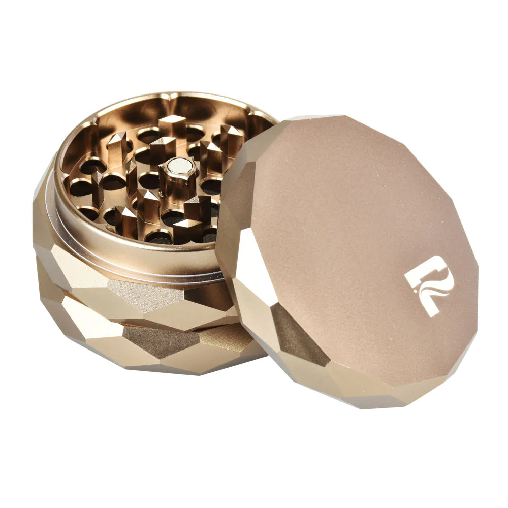 Pulsar Diamond Faceted Bronze Aluminum Grinder, 2.25" 4-Part, Open View on White