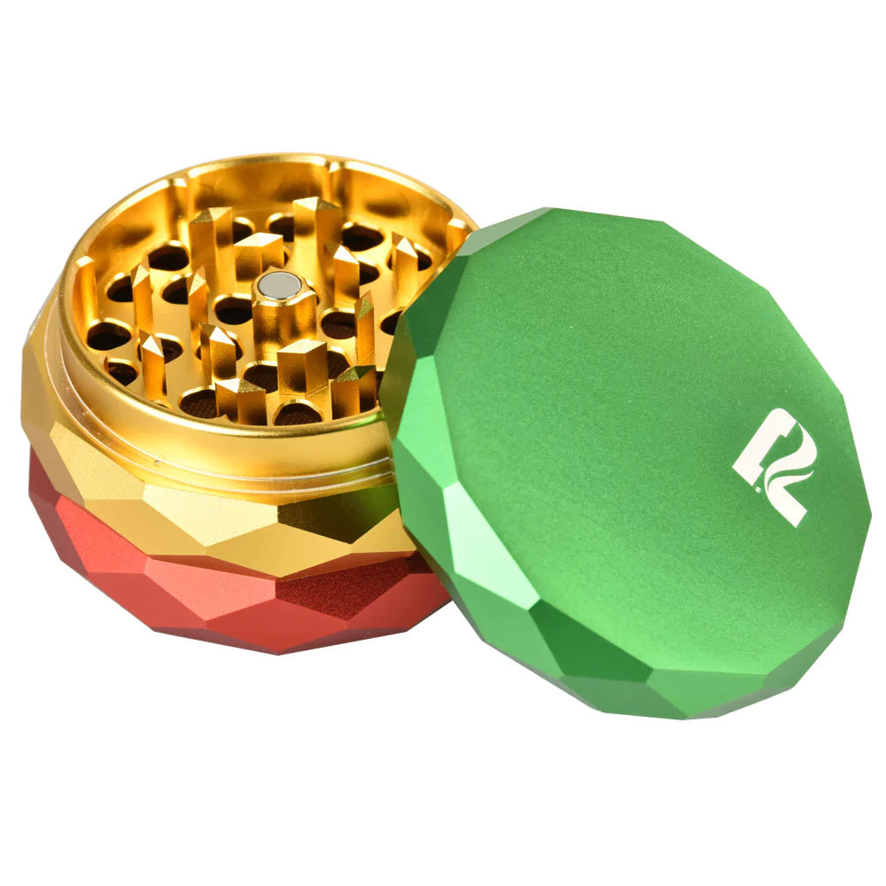 Pulsar 4-Part Diamond Faceted Grinder in Rasta colors, compact aluminum design, 2.25" diameter