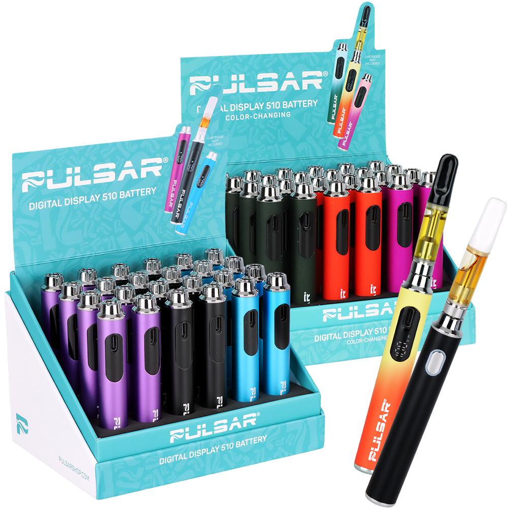 Pulsar Digital Screen 650mAh 510 vape battery, sold as a 24 pack display, shown as a Pulsar vaporizer part