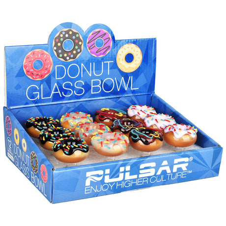 Pulsar Donut Glass Bowls display box with assorted frosted designs for dry herbs, 14mm joint size