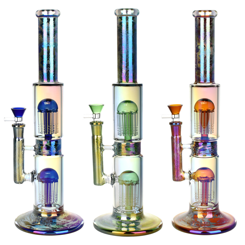 Pulsar Dub Chamber Water Pipe with Electro Etched Design, 13.75" Tall, Front View