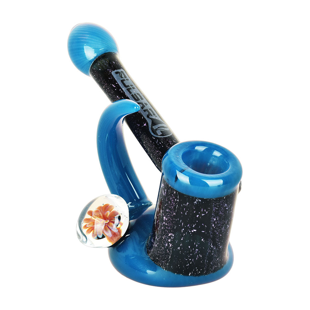 Pulsar Emergent Flower Bubbler Pipe in blue, angled view showcasing borosilicate glass design