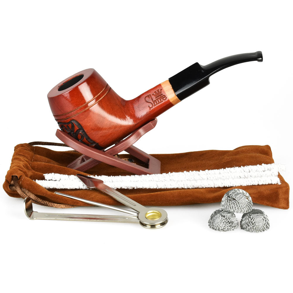 Pulsar Engraved Bulldog Rosewood Pipe with cleaning tools on white background
