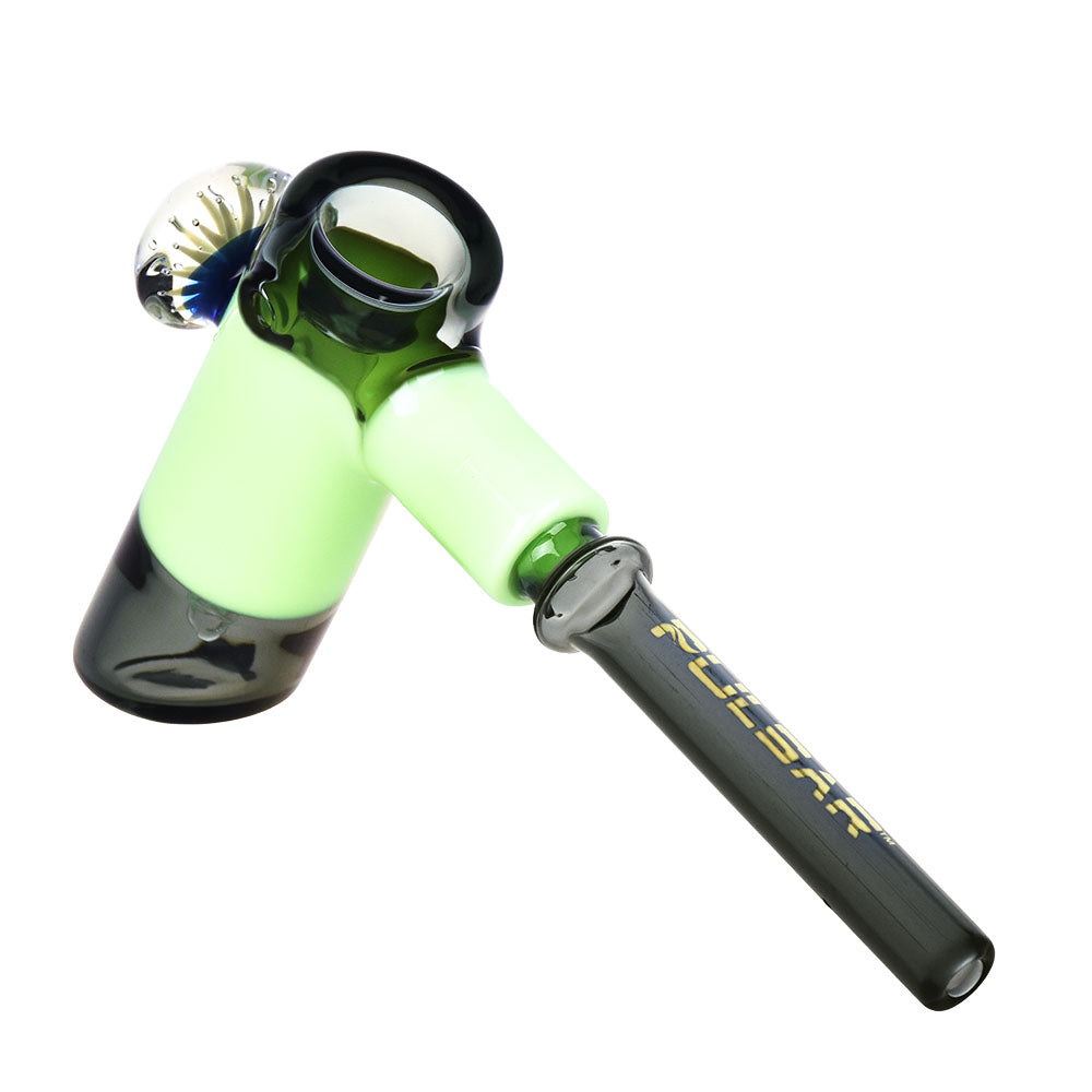 Pulsar Forever Flower Bubbler Pipe in green and black borosilicate glass, side view on white background