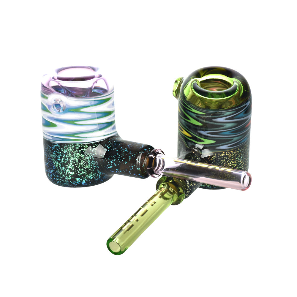 Pulsar Funky Fireflies Hand Pipe, 4.75" with Groovy Swirls, Borosilicate Glass, Angled View