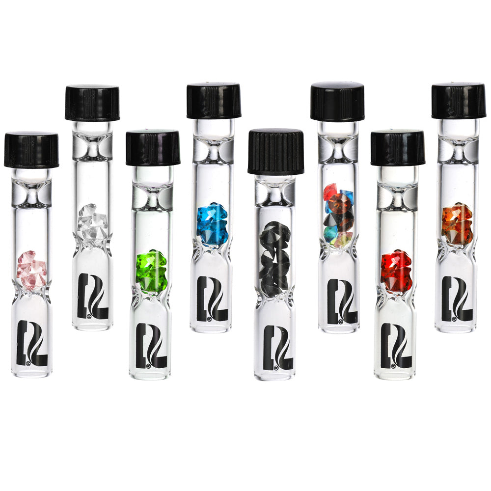 Assorted Pulsar Gem Filter Glass Chillums with Lids, compact and portable, for dry herbs - Front View