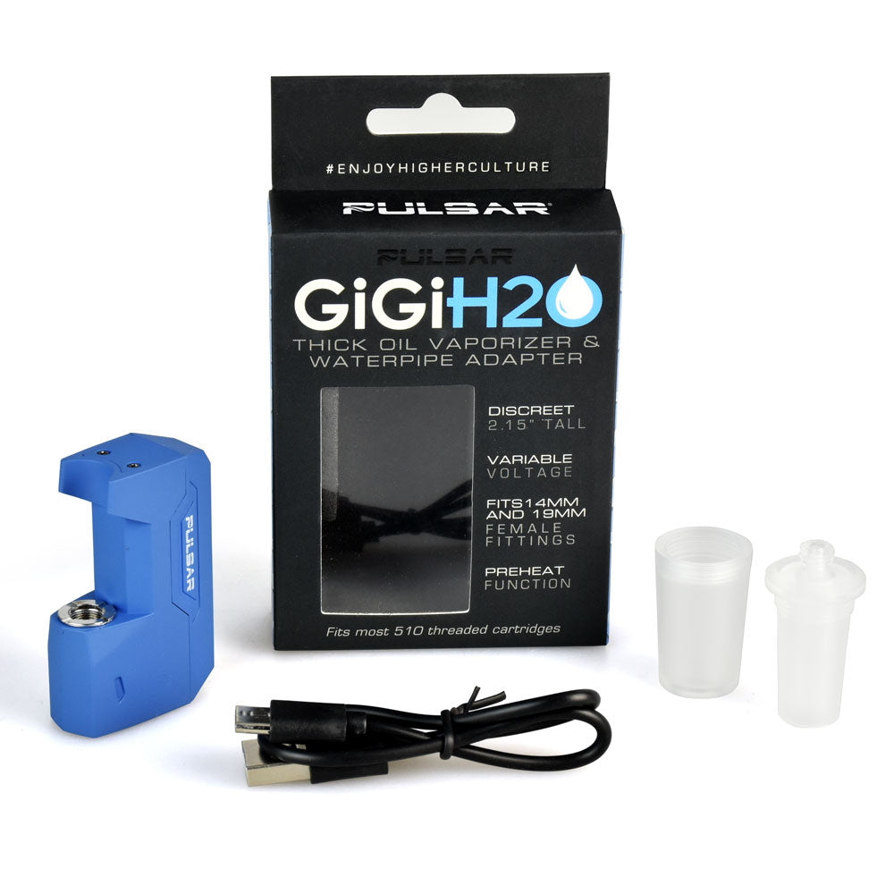 Pulsar GiGi H2O 510 Battery Display with 500mAh Capacity, USB Charger, and Adapters, Front View