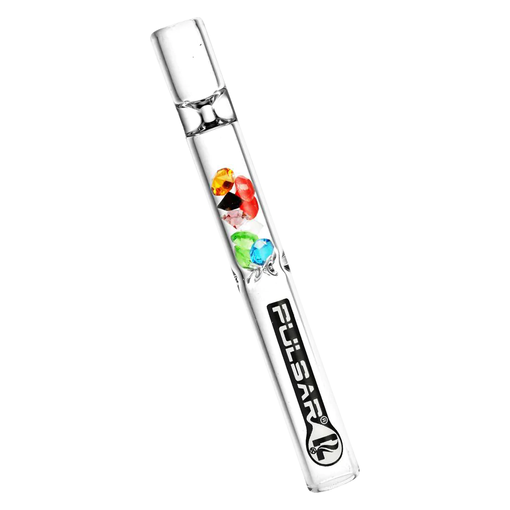Pulsar Glass Chillums with colorful gem filters, compact design, 4" length, angled view
