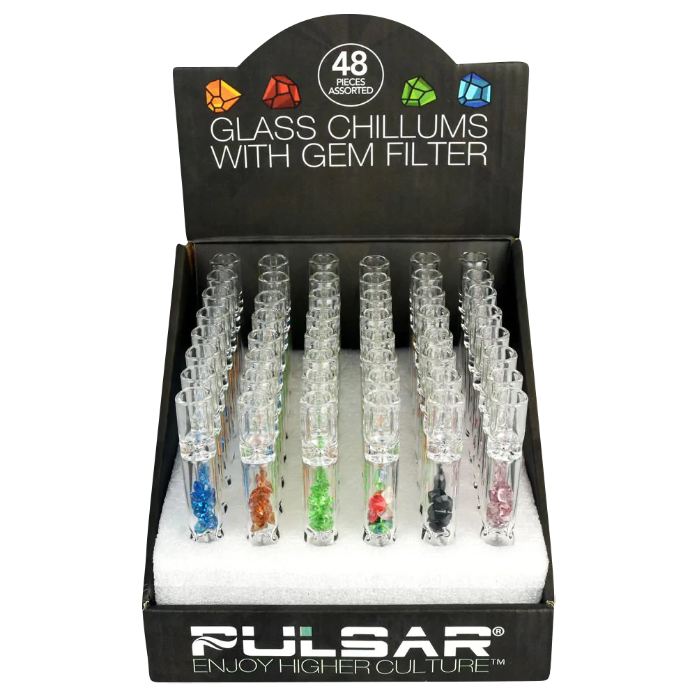 Pulsar Glass Chillums with Gem Filter, 48 Pack, compact and portable, displayed in box