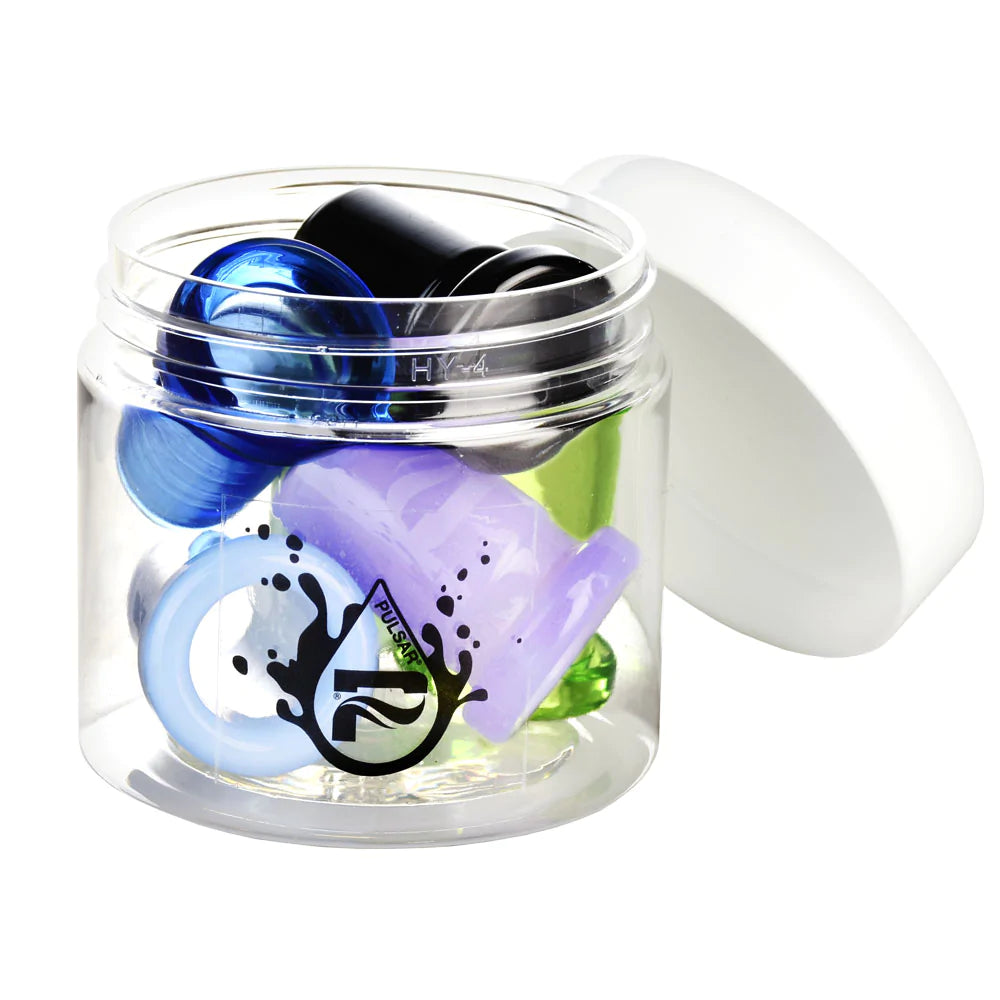 Pulsar assorted heavy wall borosilicate glass joint reducer adapters in a clear jar