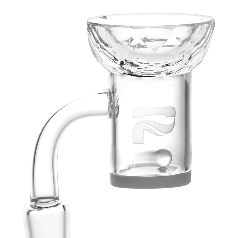 Pulsar Borosilicate Glass Oil Dish & Spinner Carb Cap Combo for Dab Rigs, Close-Up Side View