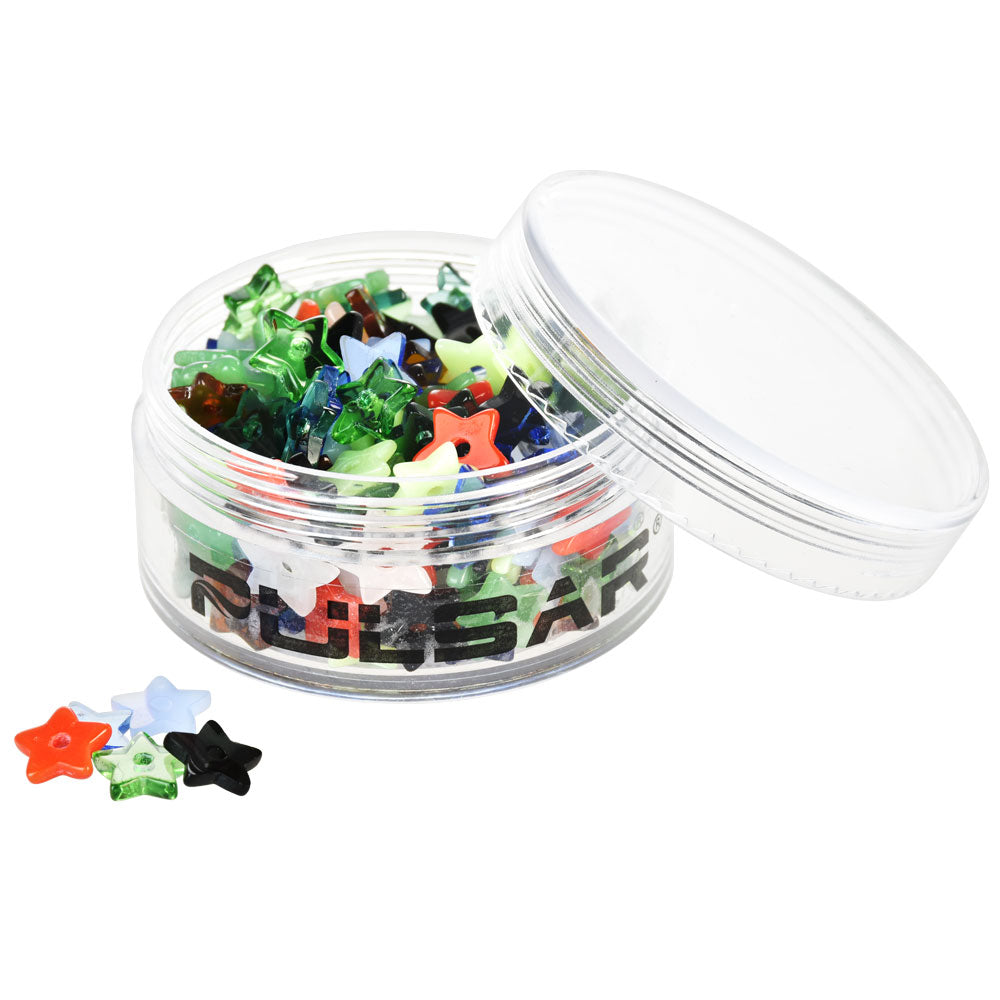 Pulsar Glass Star Screen pack, assorted colors, displayed in a clear jar on a white background