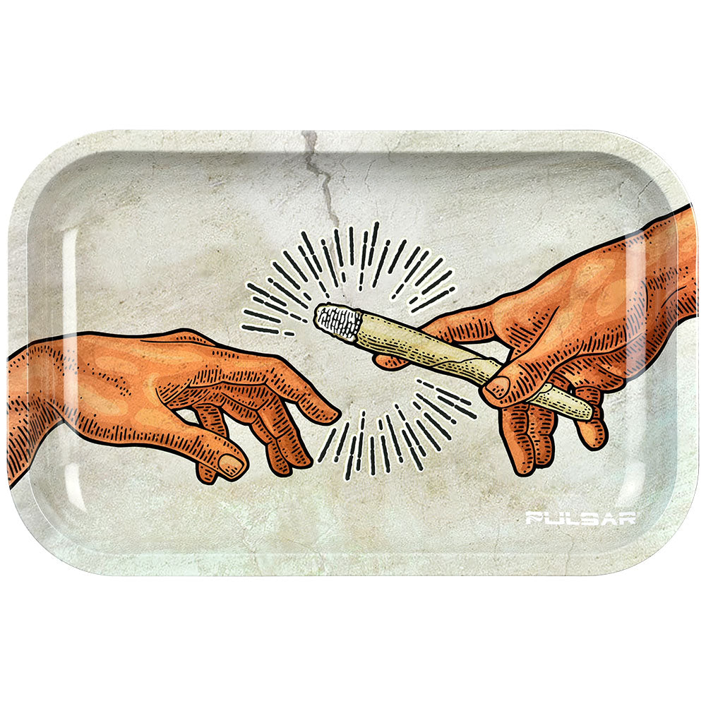 Pulsar Glow Metal Rolling Tray with Creation of Passage design, 11"x7" size, top view