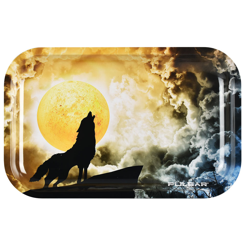 Pulsar Glow Metal Rolling Tray featuring a wolf howling at a full moon, 11"x7" size, top view