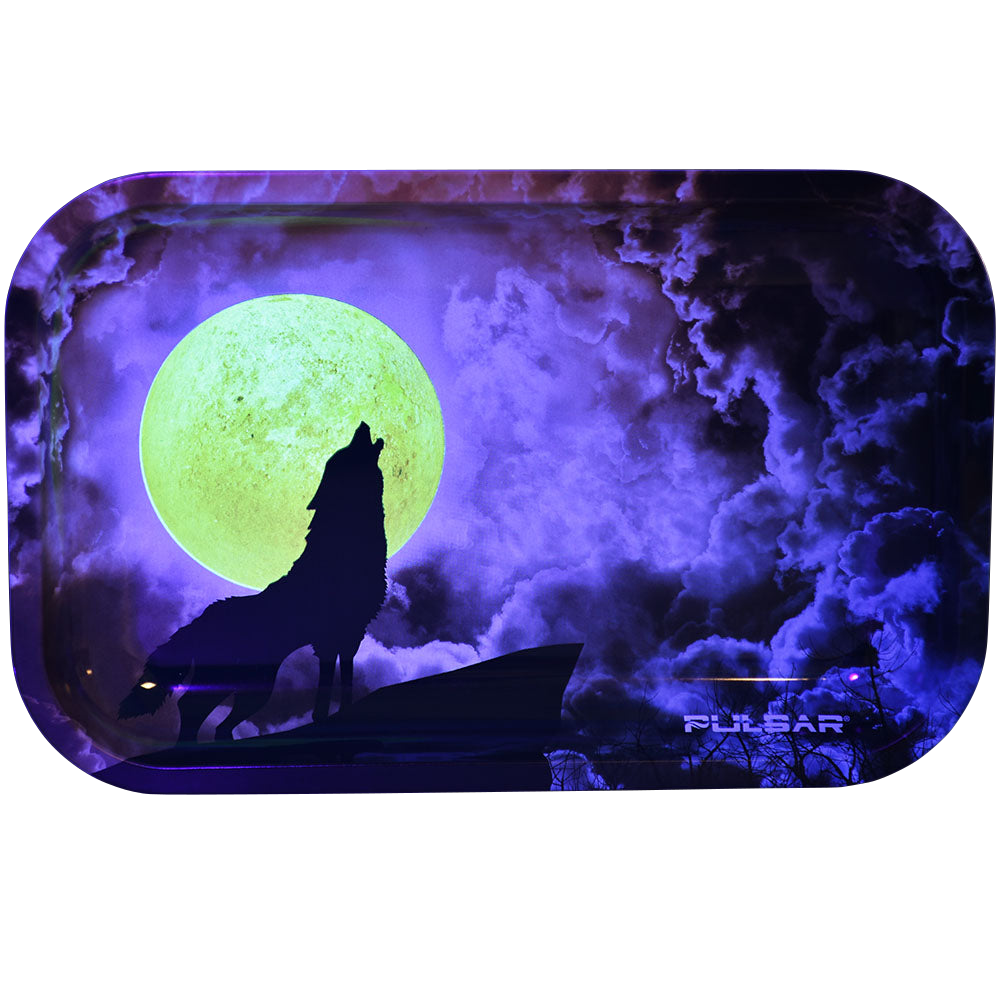 Pulsar Glow Metal Rolling Tray with Howl at the Clouds design, 11"x7", glow in the dark feature