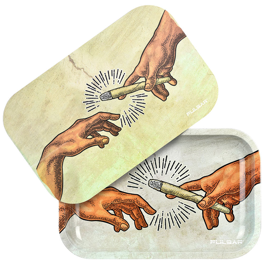 Pulsar Glow Metal Rolling Tray with Lid featuring Creation of Passage artwork, 11"x7" size, top view