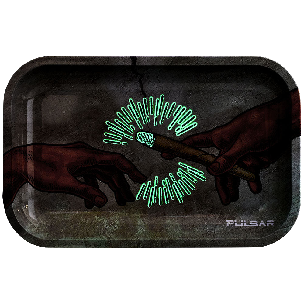 Pulsar Glow Metal Rolling Tray with Lid featuring Creation of Passage design, 11"x7" top view