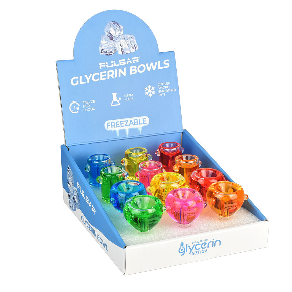 Pulsar Glycerin Herb Slide display with 12 colorful 14mm bowls, freezeable for cool hits, angled view