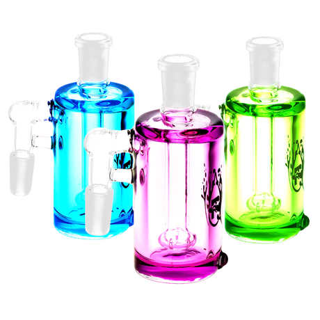 Pulsar Glycerin Series Ash Catchers in blue, pink, and green with 90-degree joints