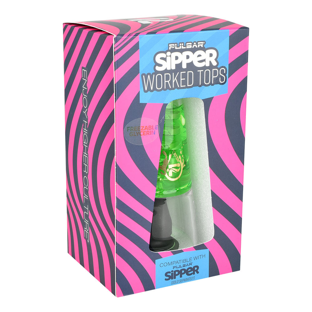 Pulsar Glycerin Spiral Sipper Cup Attachment in green, showcased in front of its vibrant packaging