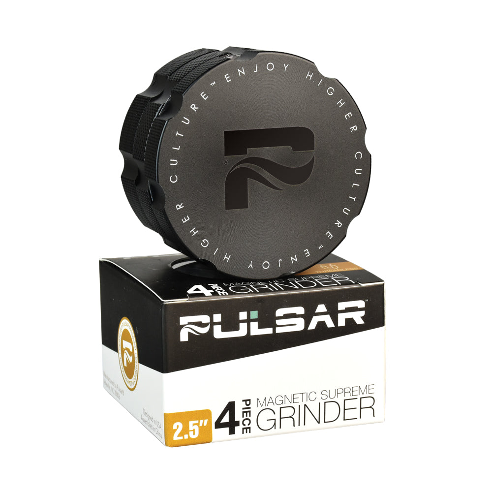 Pulsar Grindhouse 2.5" Magnetic Supreme 4-Piece Grinder on Box, Front View