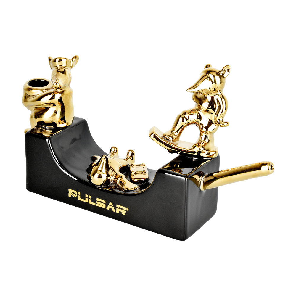 Pulsar Half-Pipe Skateboard Ramp Ceramic Pipe - 10.5" with Gold Accents - Angled View