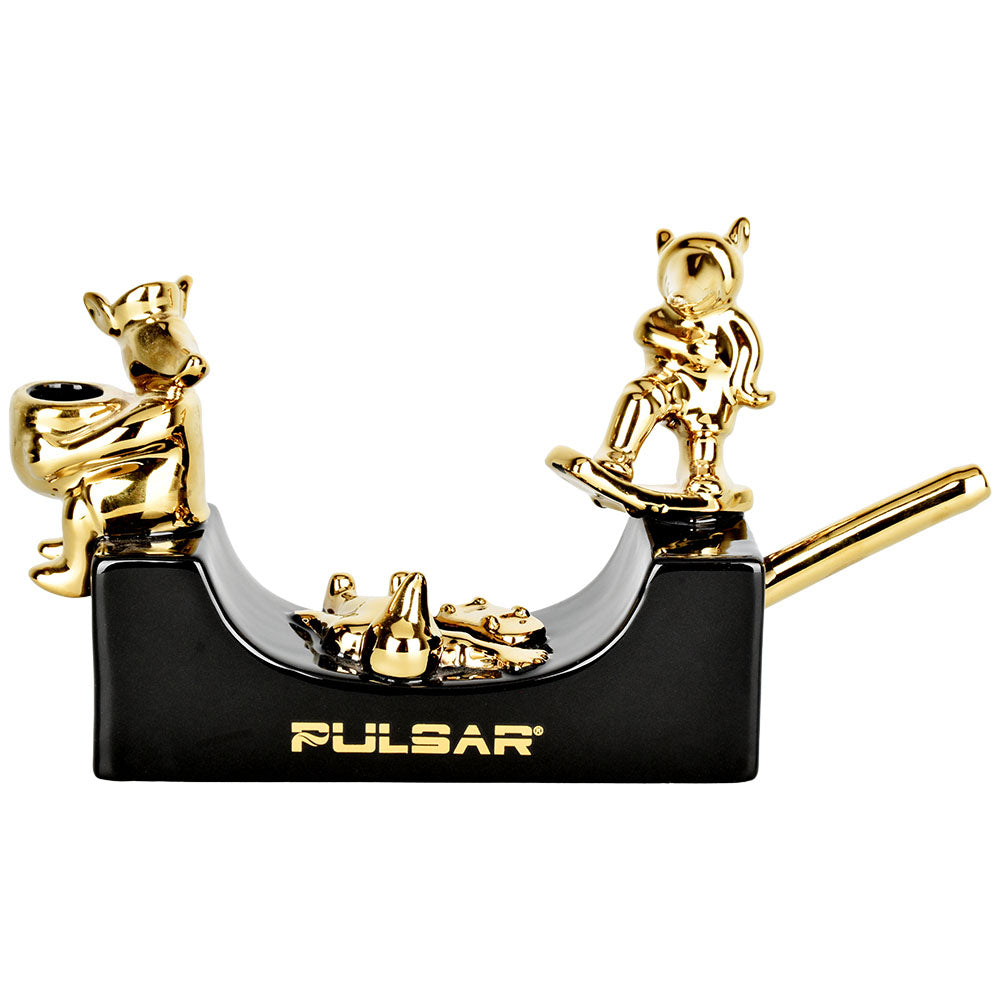 Pulsar Ceramic Skateboard Ramp Pipe with Golden Figurines, 10.5" Long Side View