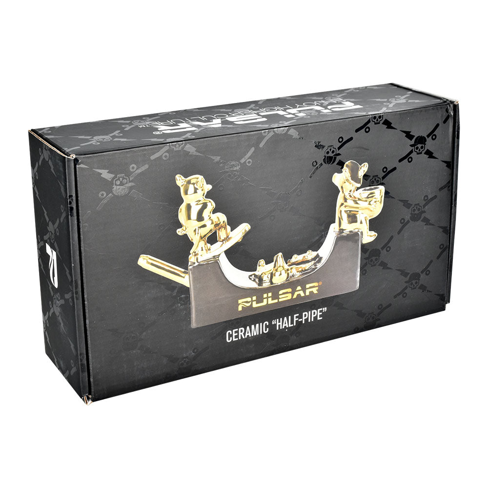 Pulsar Ceramic Half-Pipe Skateboard Ramp Pipe packaging, front view on white background