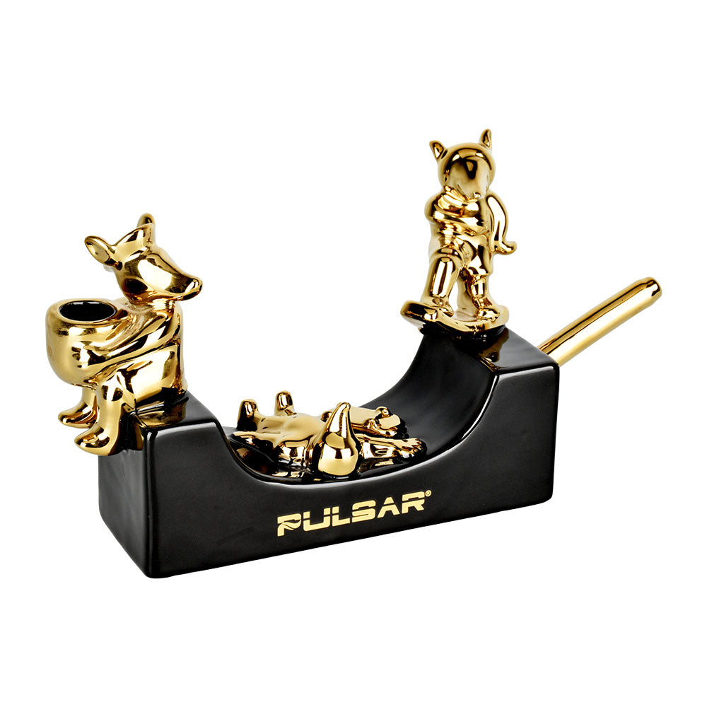 Pulsar Half-Pipe Skateboard Ramp Ceramic Pipe in Black & Gold, 10.5", Novelty Dry Herb Pipe