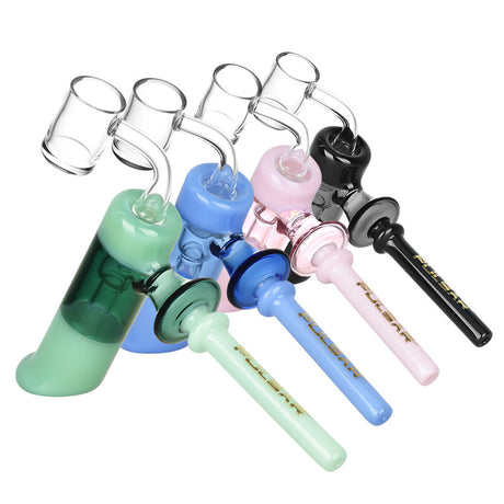 Assortment of Pulsar Hammer Bubblers in various colors, made with borosilicate glass, angled view