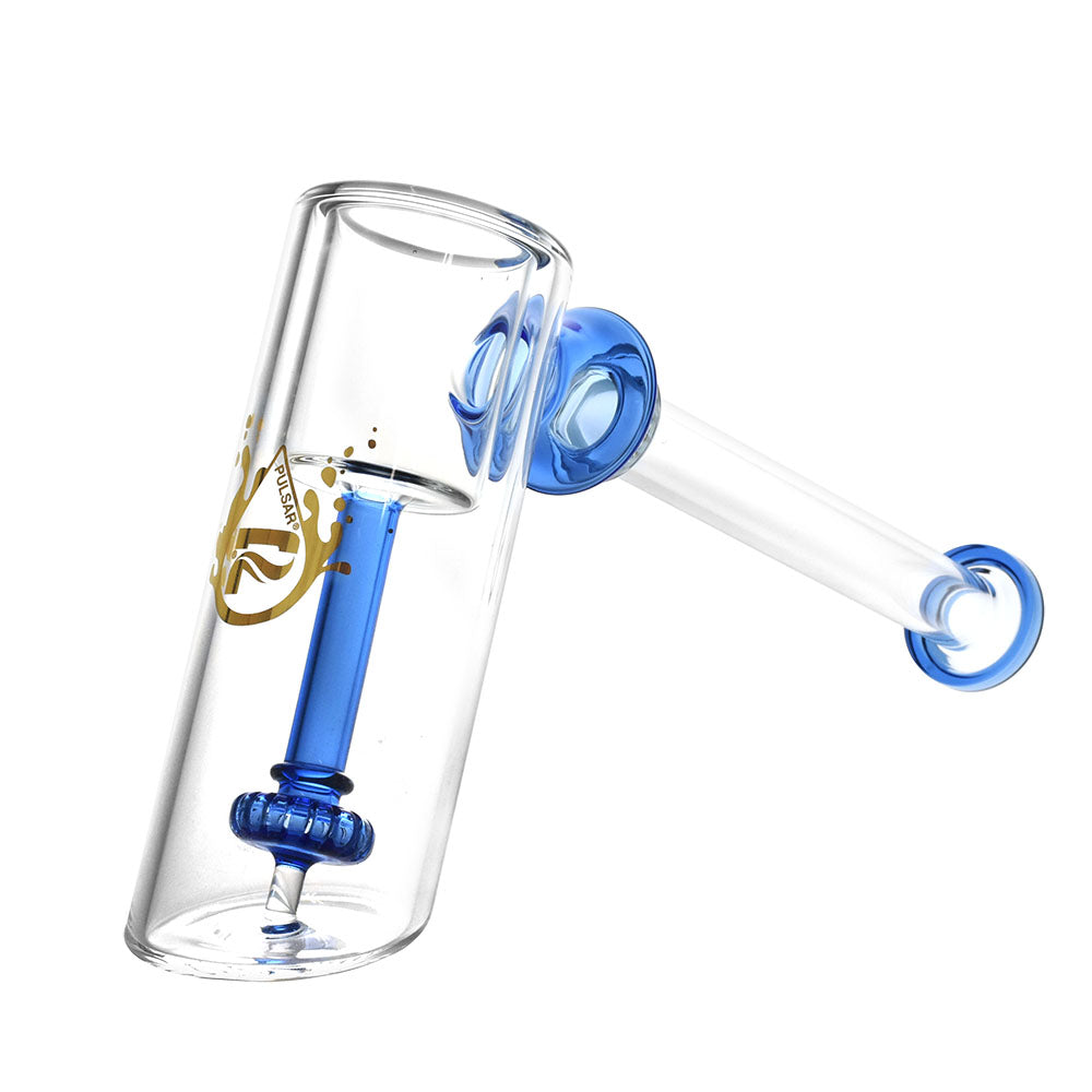 Pulsar Hammer Bubbler Pipe side view, clear borosilicate glass with blue accents for Puffco Proxy