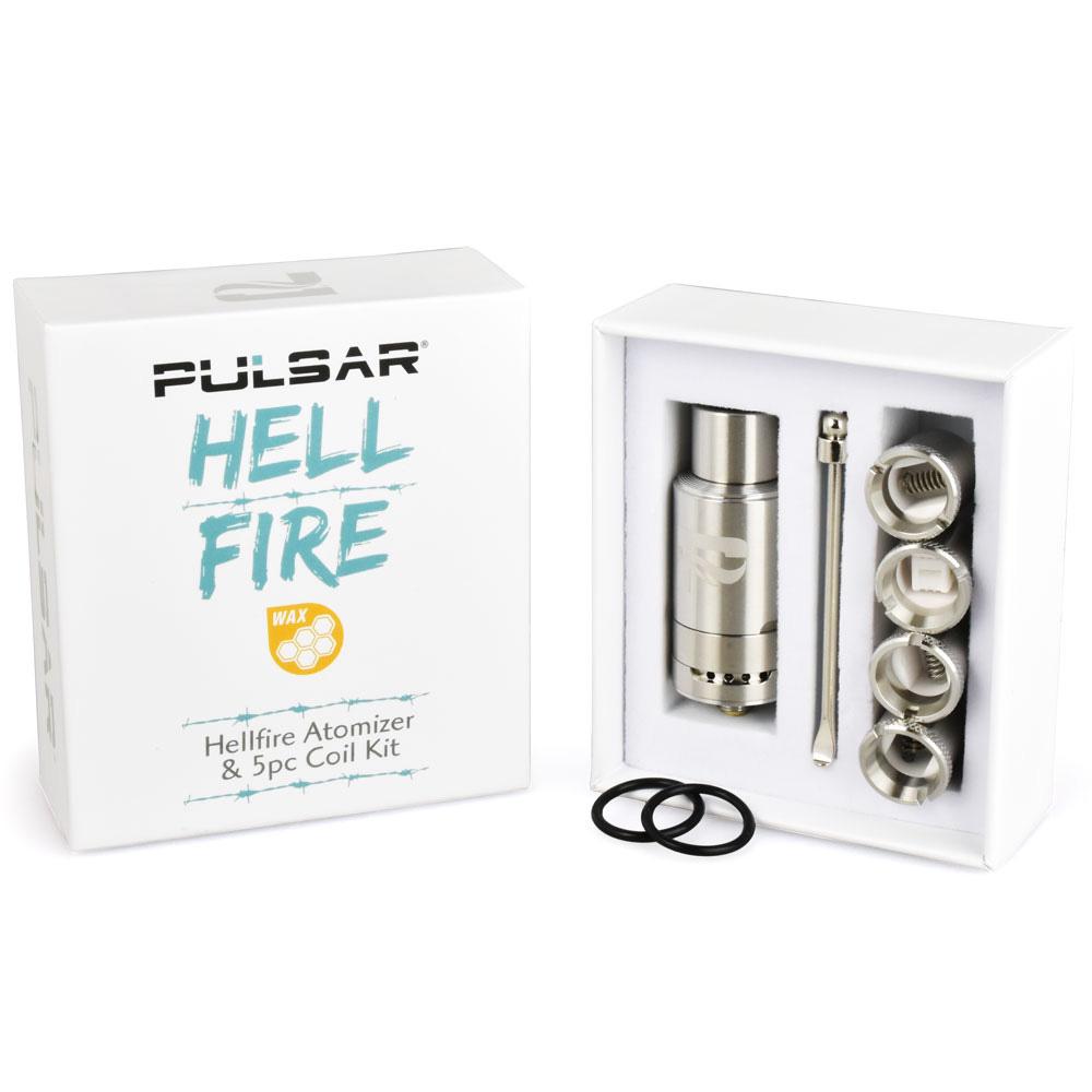 Pulsar Hell Fire Atomizer with 5-piece Coil Kit displayed next to its packaging
