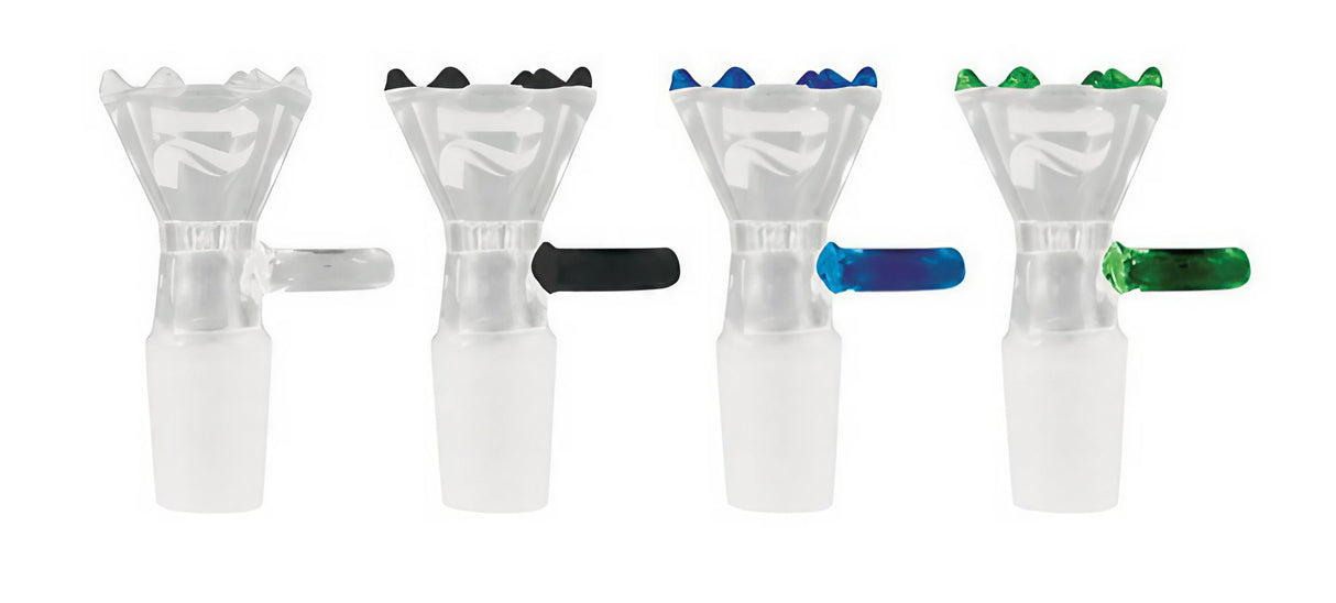 Pulsar Herb Slide - 14mm Male Borosilicate Glass Bong Bowls, Front View with Assorted Handle Colors