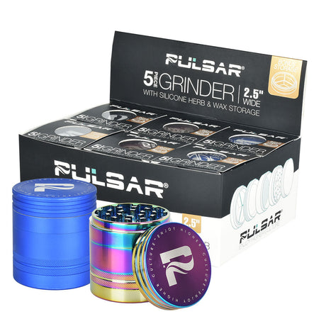 Pulsar 5-Piece Herb/Wax Storage Grinders in Assorted Colors, 2.5" Diameter, Front View