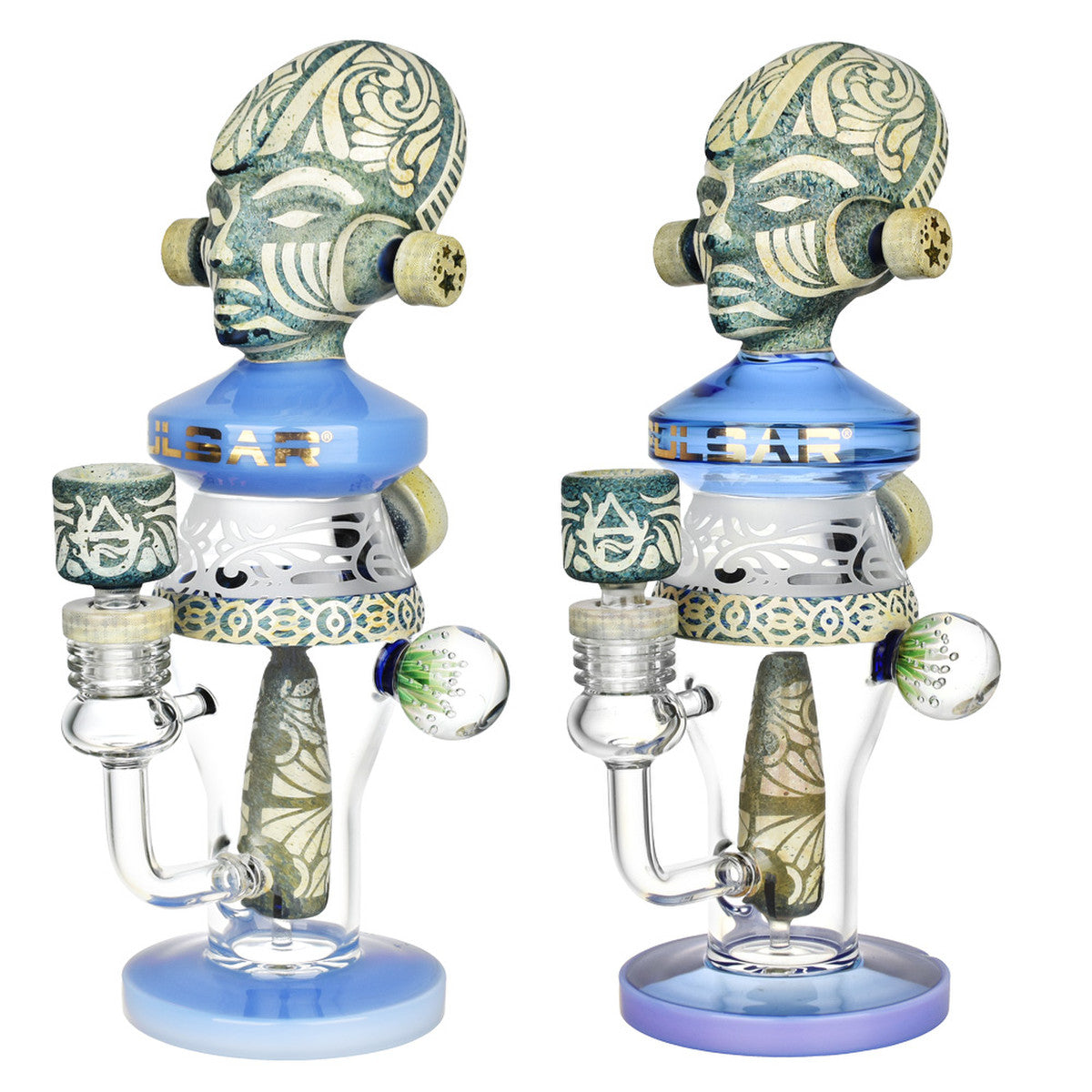 Pulsar Hieroglyph High Priestess Water Pipe with intricate design, front and angled view on white